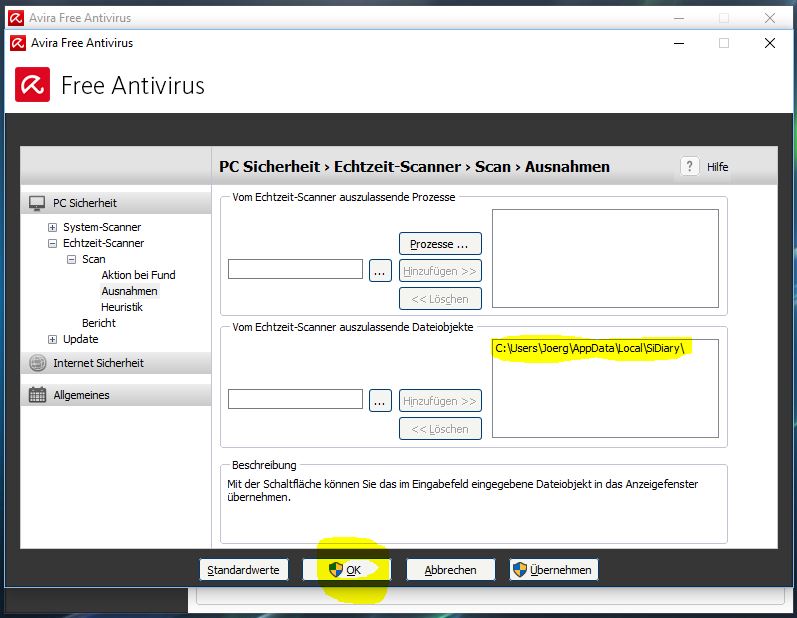 Antivirus Ausnahme bestätigen